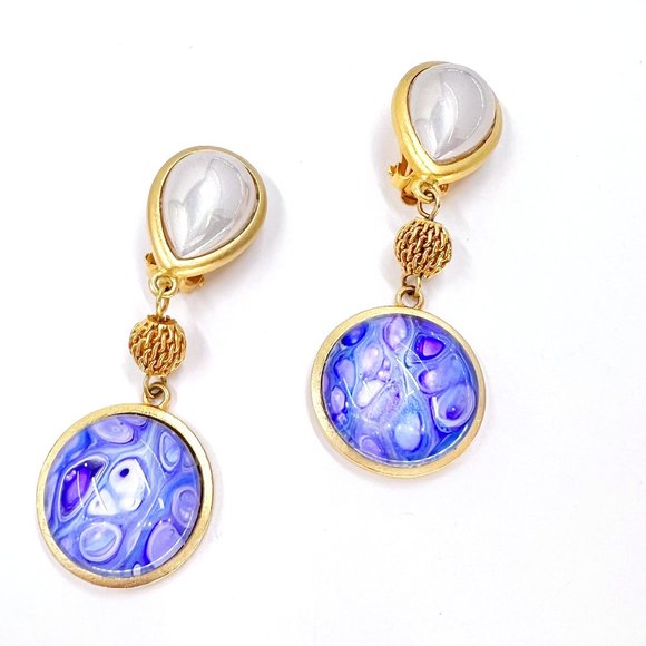 Hand Crafted Jewelry - New/Handcrafted - Matte Gold Tone Iridescent & Purple Paint Skin Clip Earrings